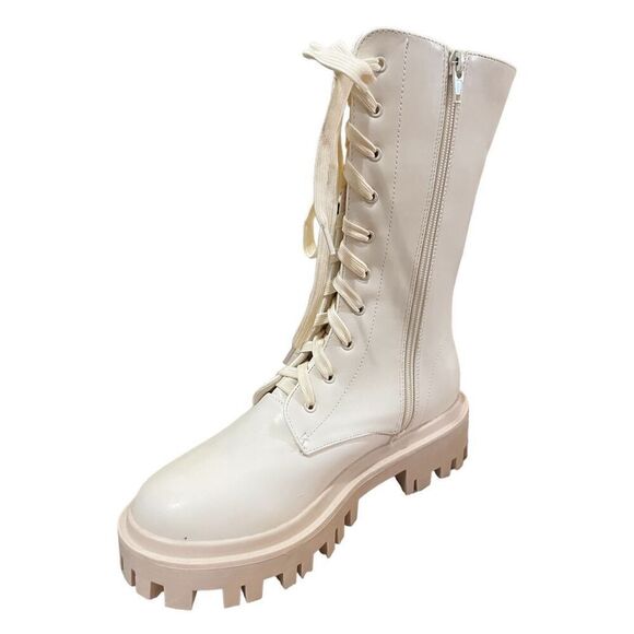 NWT Public Desire Ecru Beau Combat Boots Vegan Leather Treaded Soles Womens 6 - Picture 3 of 10